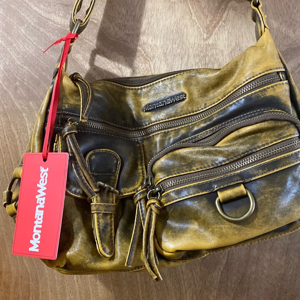 Montana West Brown and Gold Crossbody Bag with Distressed Leather Look